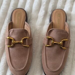 Anne Klein Beige Suede Loafers with Gold Detail